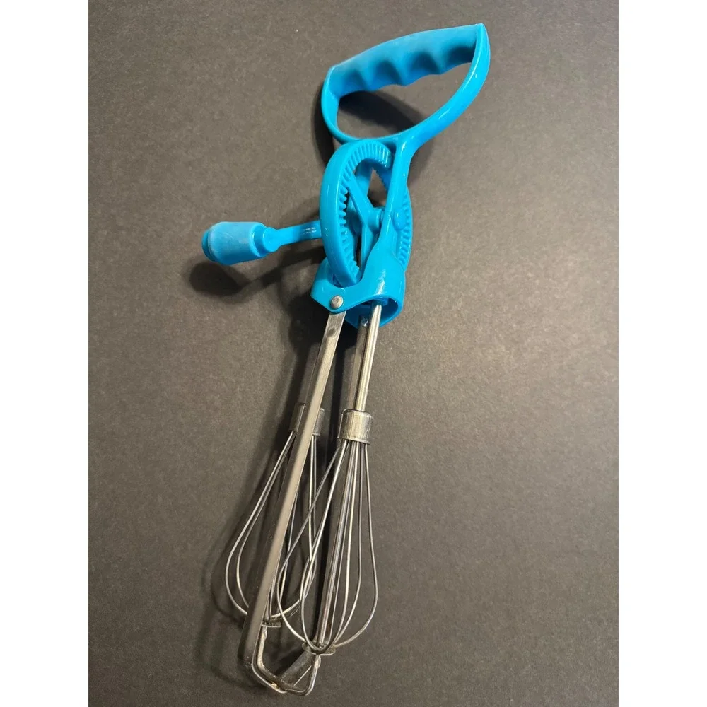 Vintage Blue Hand Crank Rotary Egg Beater Manual Kitchen Mixer Stainless Steel
